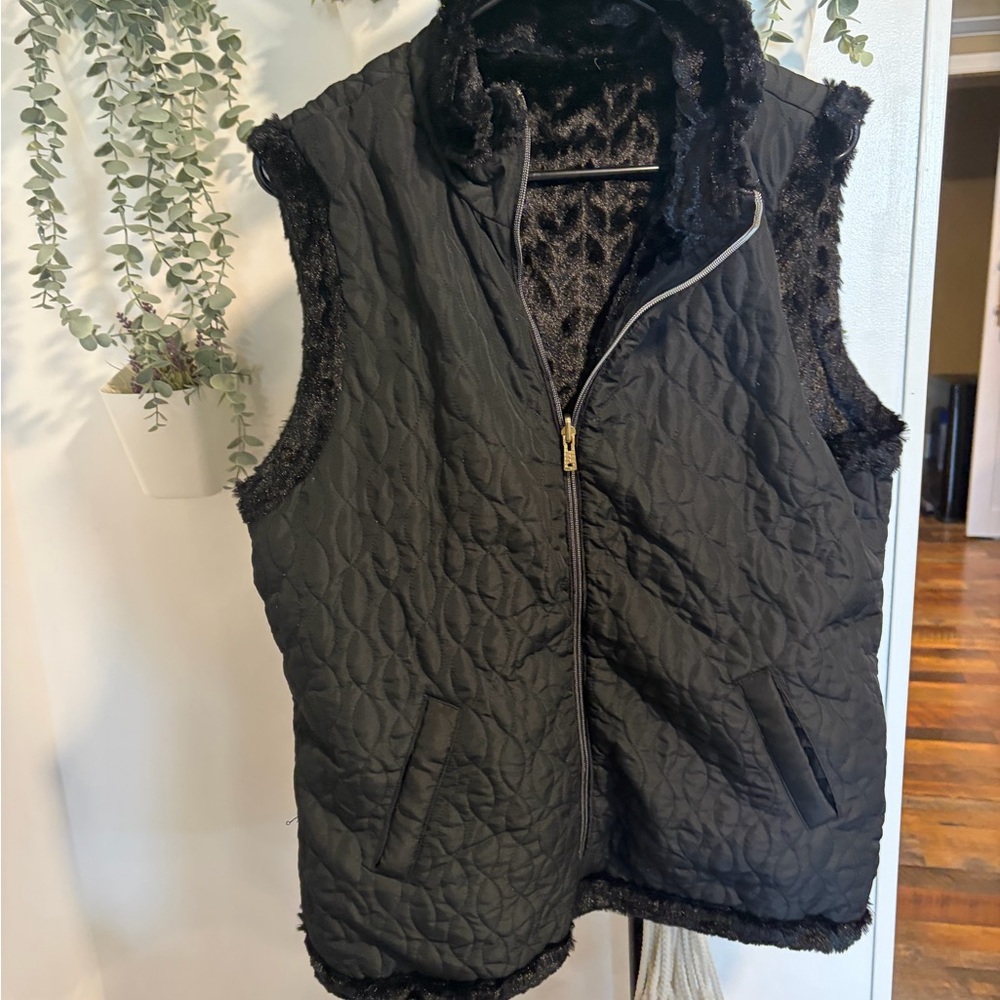 Quilted Black Faux-Fur Reversible Vest